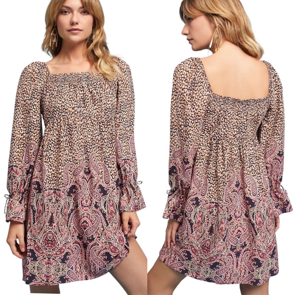 Anthropologie Maeve Milou Floral Leopard Print Long Tie Sleeve Mini Dress  S